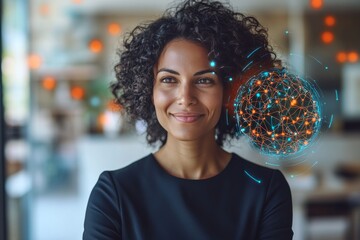 Sticker - Confident businesswoman with digital brain overlay symbolizing leadership strategic thinking and the powerful role of technology in modern corporate success and innovation