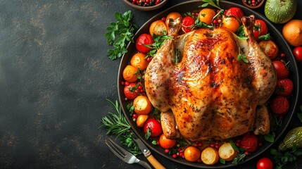 A fresh juicy turkey on the table, surrounded by vegetables and cooking utensils on a wooden background. used for a restaurant menu or a Christmas or Thanksgiving festive dish