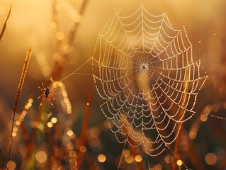 Intricate Spider Web Glistening with Morning Dew Showcases Nature s Delicate Beauty