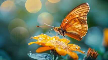 Wall Mural - Closeup of Butterfly s Delicate Proboscis Sipping Nectar from Flower