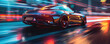 A sleek black sports car races through a vibrant city at night, illuminated by colorful neon lights, capturing the essence of speed and modern urban life.