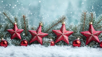 Festive Christmas Garland with Glowing Stars on Snowy Background