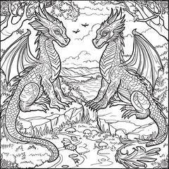 a coloring page with two dragon sitting on the ground