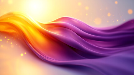 Poster - A digitally created scene of a flowing, silky fabric in shades of purple and orange with a soft glowing light and floating particles, giving it an ethereal and dynamic quality