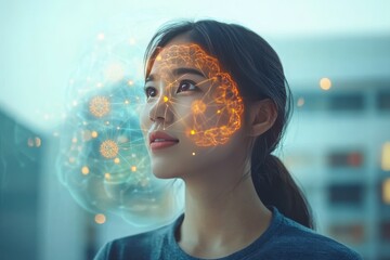 Sticker - Young woman with digital neural network overlay on her face representing the fusion of human cognition with modern technology and the vast potential of future innovations