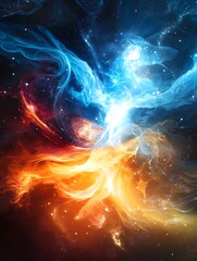 Poster - Abstract Blue and Orange Swirling Nebula with Stars.