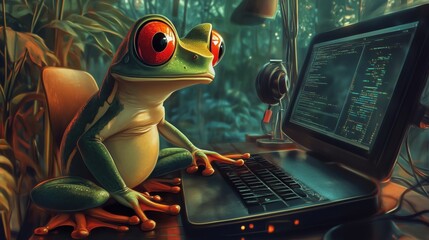 A Vibrant Frog Engaged in Coding within a Tropical Forest Setting