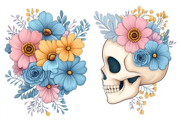 A colorful floral arrangement surrounds a detailed skull, blending beauty and mortality in an artistic composition.