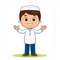 Cute Arab school boy greeting with wide open arms. Cartoon vector illustration isolated on white background.