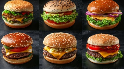 Classic Burgers set apart on a dark background. quick food supper. Burgers, cheeseburgers, vegan burgers, and other foods combined into a collage