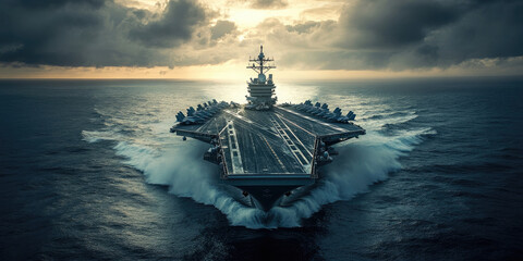 us navy aircraft carrier sails gracefully with fighter jets on its deck, showcasing military power a