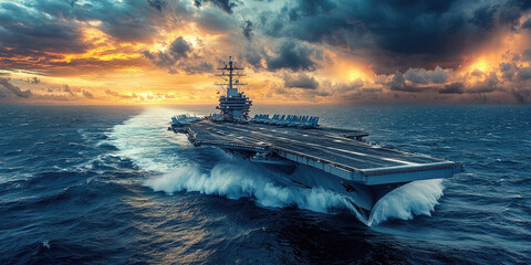 Us navy aircraft carrier sails gracefully with fighter jets on its deck, showcasing military power and defense at sea. Banner, Copy space