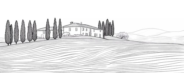 Sticker - Tuscan landscape with villa and cypress trees, vector black lines on white background