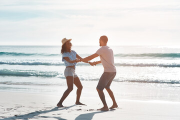 Wall Mural - Happy, couple and dance with love at beach for outdoor adventure, marriage and honeymoon vacation. Man, woman and celebration with waves by ocean for commitment, connection and holiday in Cancun