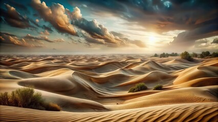 Poster - Golden Sand Dunes Under Dramatic Clouds in a Desert Landscape