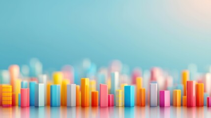 Vibrant cityscape of colorful geometric buildings arranged in a playful formation against a softly blurred pastel background creating a cheerful urban atmosphere