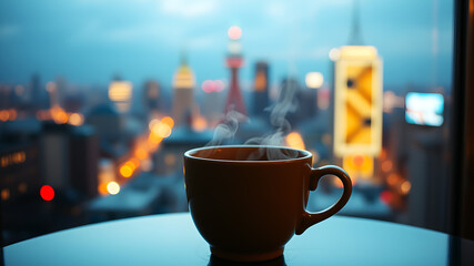 A steamy cup with a city view