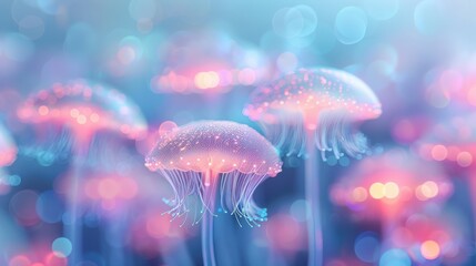 Wall Mural - Ethereal Jellyfish Garden, luminous jellyfish bloom gently in a serene aquatic landscape, enchanting colors blend softly, creating a dreamlike underwater realm.