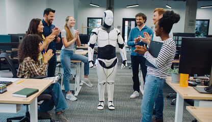 camera focus on new type of technology. robot walking in middle of room. group of multi-ethnic cowor