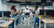 © ihorvsn - Robot staying in middle of room. Group of multi-ethnic coworkers clapping. Multi-ethnic group of researchers testing new creation. Successful test.