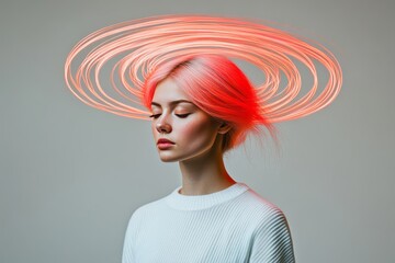 Poster - Profile of a woman with a glowing red neural ring around her head symbolizing creativity cognitive power and the seamless integration of intellect with modern technology