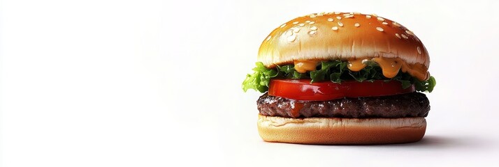 Juicy Beef Burger with Sesame Seed Bun and Lettuce - A close-up of a delicious burger with a juicy beef patty, fresh lettuce, tomato, and a sesame seed bun. The burger is covered in a tangy sauce, sym