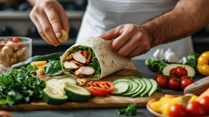 Person preparing a healthy wrap with grilled chicken, avocado, and fresh veggies,