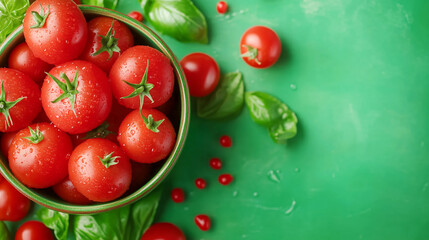 Fresh red tomatoes and basil leaves in a green bowl on a vibrant