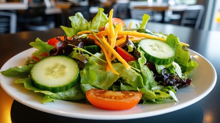 Fresh green salad with mixed greens, cucumbers, tomatoes, and a light vinaigrette, --ar 16:9 --personalize jaydbm9 --v 6.1 Job ID: 349ffdd6-4210-407b-a43e-93326aaa57ec