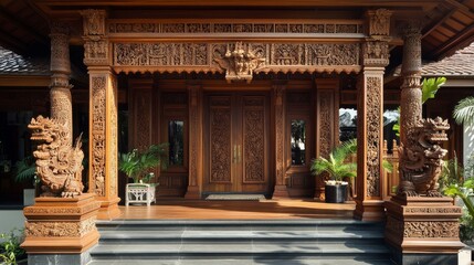 Ornate Wooden Entrance to a Traditional Asian Home - This image showcases the intricate detail of a traditional Asian home's entrance, featuring a carved wooden door, intricate carvings, and decorativ