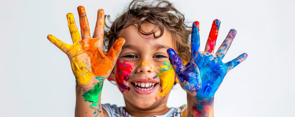 A cheerful young child with hands covered in bright paint beams with happiness, surrounded by splashes of colorful paint on a blue backdrop, enjoying creative expression through art.