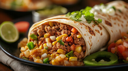 Mexican burrito with meat, corn, onions, and green peppers, served with a slice of lime and cilantro on a plate