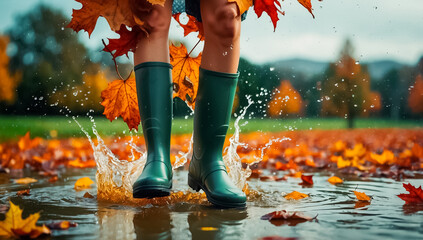 Wall Mural - feet in rubber boots, splashes, autumn leaves