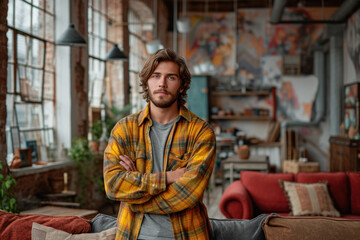 Man in plaid shirt standing in modern loft apartment