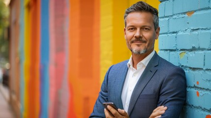 Confident businessman with phone standing by vibrant urban background.