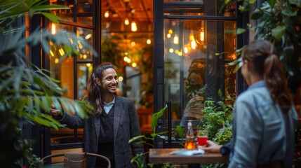 Wall Mural - Confident host welcoming guests at a glass door of a downtown bistro