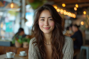 Wall Mural - Smiling young woman in cozy cafe environment with soft lighting