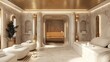 © Irina Ukrainets - A serene spa interior featuring elegant marble walls and golden accents. The space includes comfortable seating and a warm atmosphere for relaxation. Perfect for wellness and luxury experiences. AI