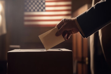 Wall Mural - Close-up of a hand casting a vote into a ballot box with an American flag in the background, symbolizing democracy and civic duty.
