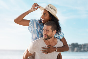 Love, view and piggyback with couple, beach and happy relationship for anniversary on holiday together. Romance, man and woman with ocean for summer break and bonding with sunset on vacation