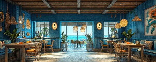 Bright and inviting restaurant interior with ocean view, featuring tropical decor and comfortable seating for guests.