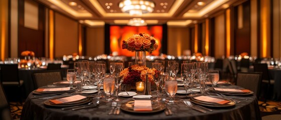 elegant banquet setup featuring beautifully arranged tables, floral centerpieces, and a warm ambient