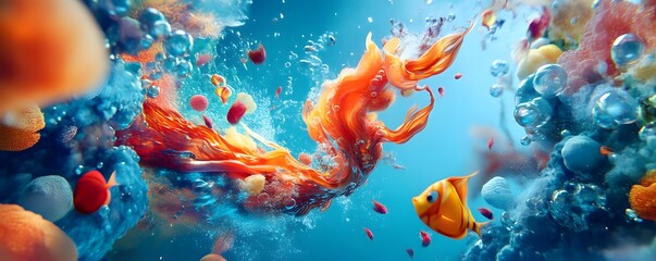 Wall Mural - Abstract Underwater Scene with Fish and Bubbles.