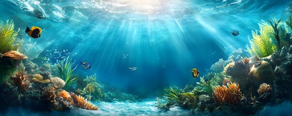 Wall Mural - Underwater Coral Reef with Sunbeams and Tropical Fish.