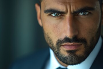 Close-up of a handsome Dubai businessman with a serious and intense expression. He is wearing a business suit. His eyes are focused, giving the impression of urgency or attention with generative ai