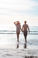 Sticker - Love, walking and holding hands with couple, ocean and happy relationship for anniversary on holiday together. Romance, man and woman with beach, summer break and bonding with sunset on vacation