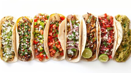 A row of Mexican food tacos with a variety of toppings including onions