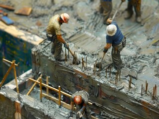 A group of construction workers are working on a building