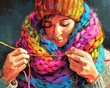 © Nawarit - Person knitting colorful scarf, Vintage, Soft, Illustration, Highlighting craft