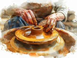 Potter throwing clay on spinning wheel, Vintage, Earthy, Sketch, Emphasizing traditional craftsmanship and creativity